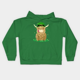 Scottish Highland Cow St Patrick's Day Shamrocks Kids Hoodie